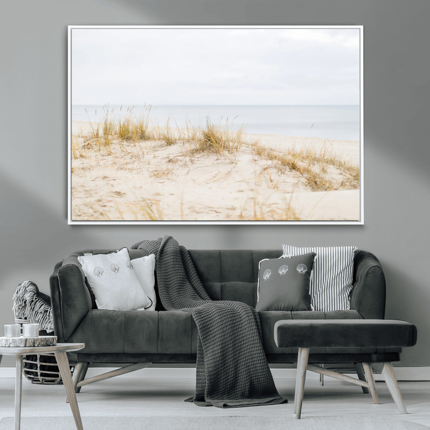 Canvas of soft beach dunes and coastal grasses in neutral tones, perfect for Scandinavian coastal or minimalist nature-inspired home decor.   2/2