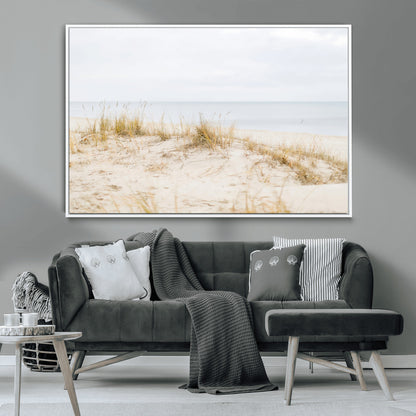 Canvas of soft beach dunes and coastal grasses in neutral tones, perfect for Scandinavian coastal or minimalist nature-inspired home decor.   2/2