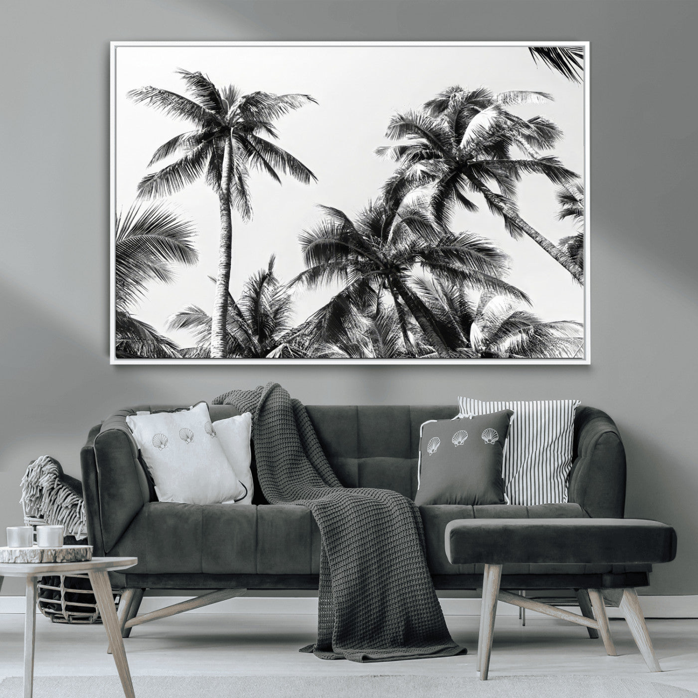 Black and white canvas of tall palm trees in moody tones, perfect for modern tropical minimalist or coastal-style home decor.