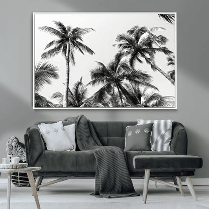 Black and white canvas of tall palm trees in moody tones, perfect for modern tropical minimalist or coastal-style home decor.