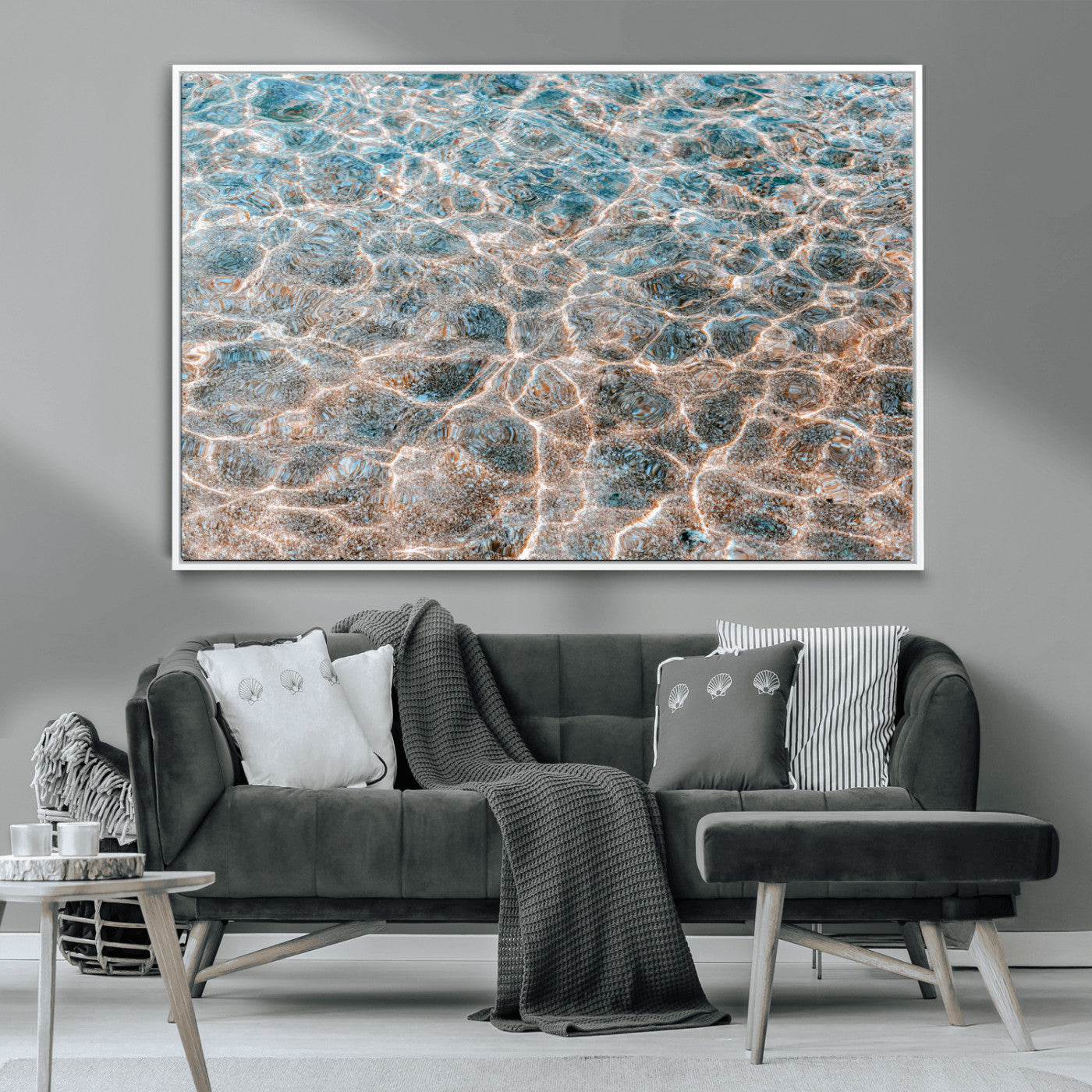 Close-up of sunlit ocean ripples with aqua blue and golden tones, ideal for modern coastal or minimalist home decor.