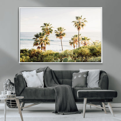 Framed print of sunlit palm trees on the California coast with warm tones, perfect for coastal minimalist or beach-style home decor.