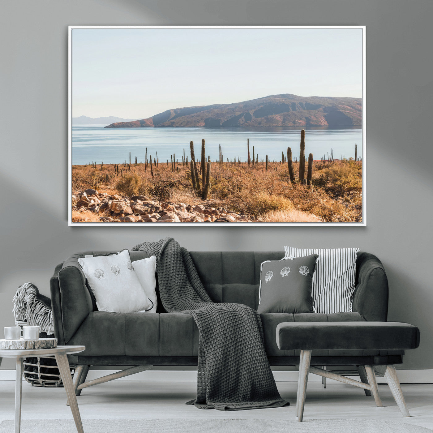 Warm desert landscape with cacti and coastal mountains, perfect for southwestern or earthy calm-themed home wall decor.