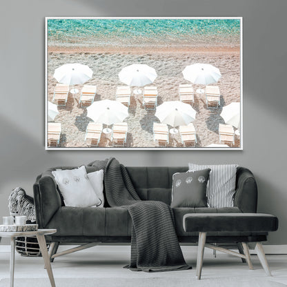 A bright beach scene with white umbrellas, pastel sand, and turquoise waters, creating a tranquil coastal vibe, perfect for beach house or summer decor.