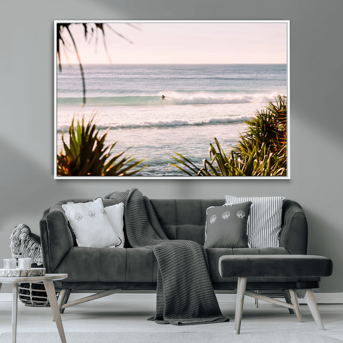 Canvas of a lone surfer riding a pastel wave at sunrise, perfect for tropical or coastal-themed spaces with a relaxed, airy vibe.
