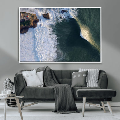 Canvas showing an aerial view of crashing waves along the Nazaré coastline, perfect for dramatic coastal or ocean-themed home decor.