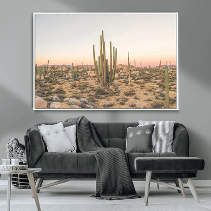 Canvas of tall desert cacti in warm sunset tones over a rocky Baja landscape, ideal for earthy or Southwestern-style home decor.