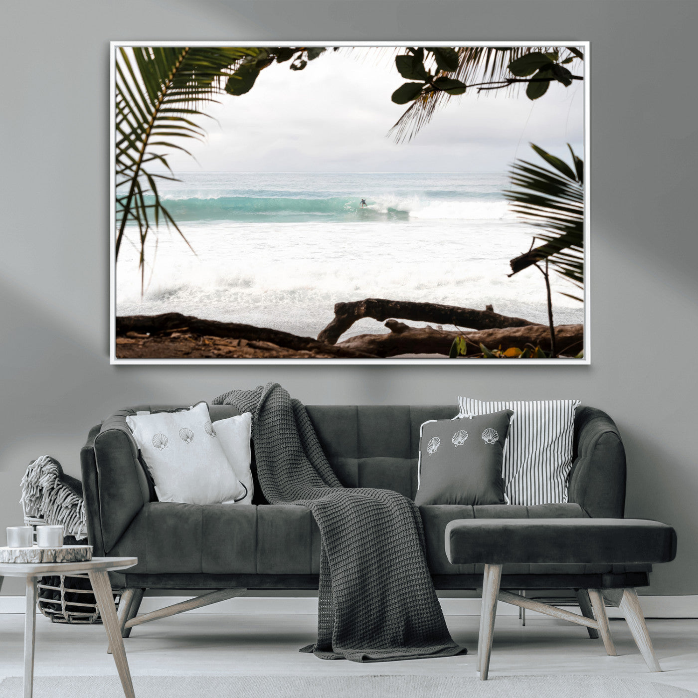 Tropical beach view with palm trees and surfer riding a wave, perfect for boho or coastal-inspired interior wall decor.
