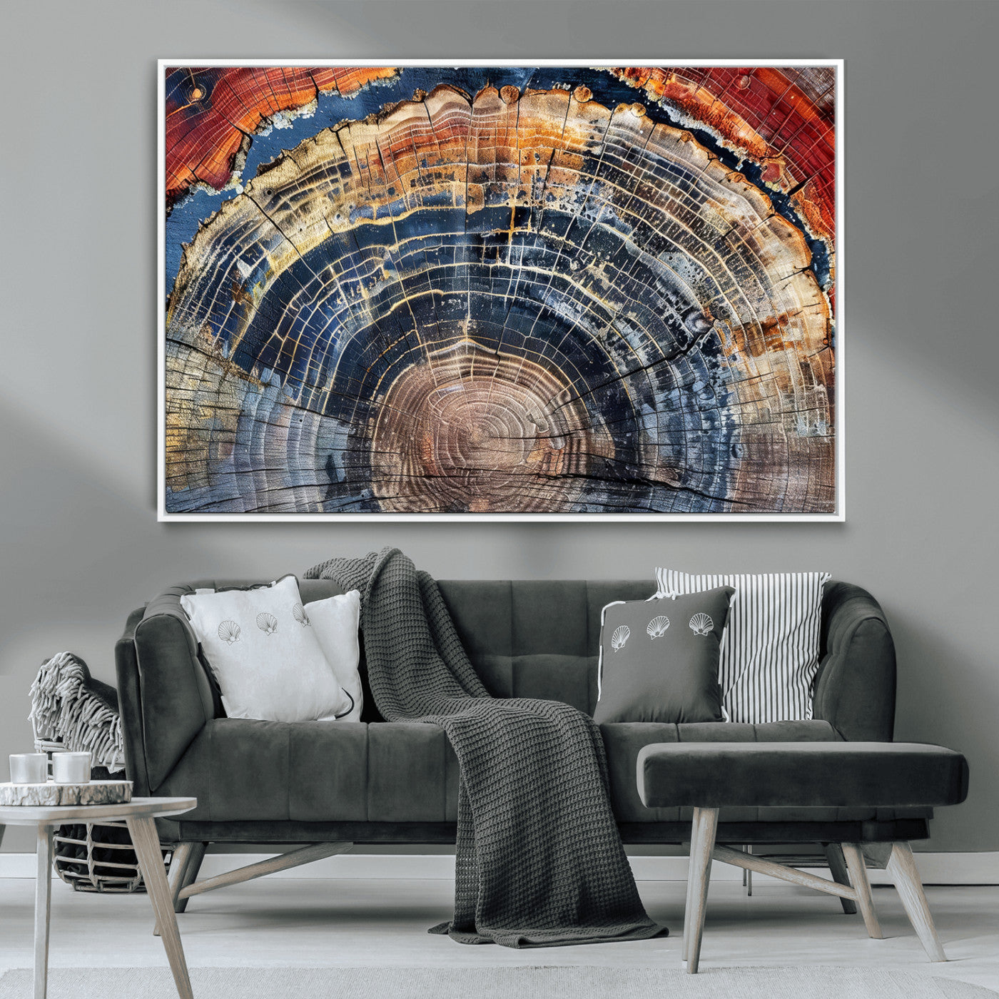 Vibrant tree ring with orange, brown, and blue tones in abstract detail, perfect for rustic or boho-inspired wall decor.