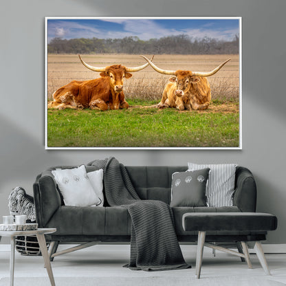 Two longhorn cows lying on green grass in front of a golden field and trees under a blue sky, perfect for rustic country wall decor.