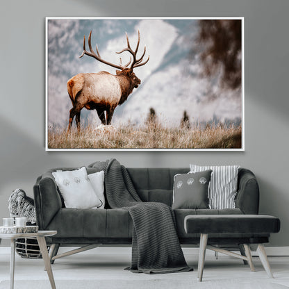 Majestic elk with large antlers standing in grass with snowy mountains in background, perfect for rustic cabin or lodge style decor.