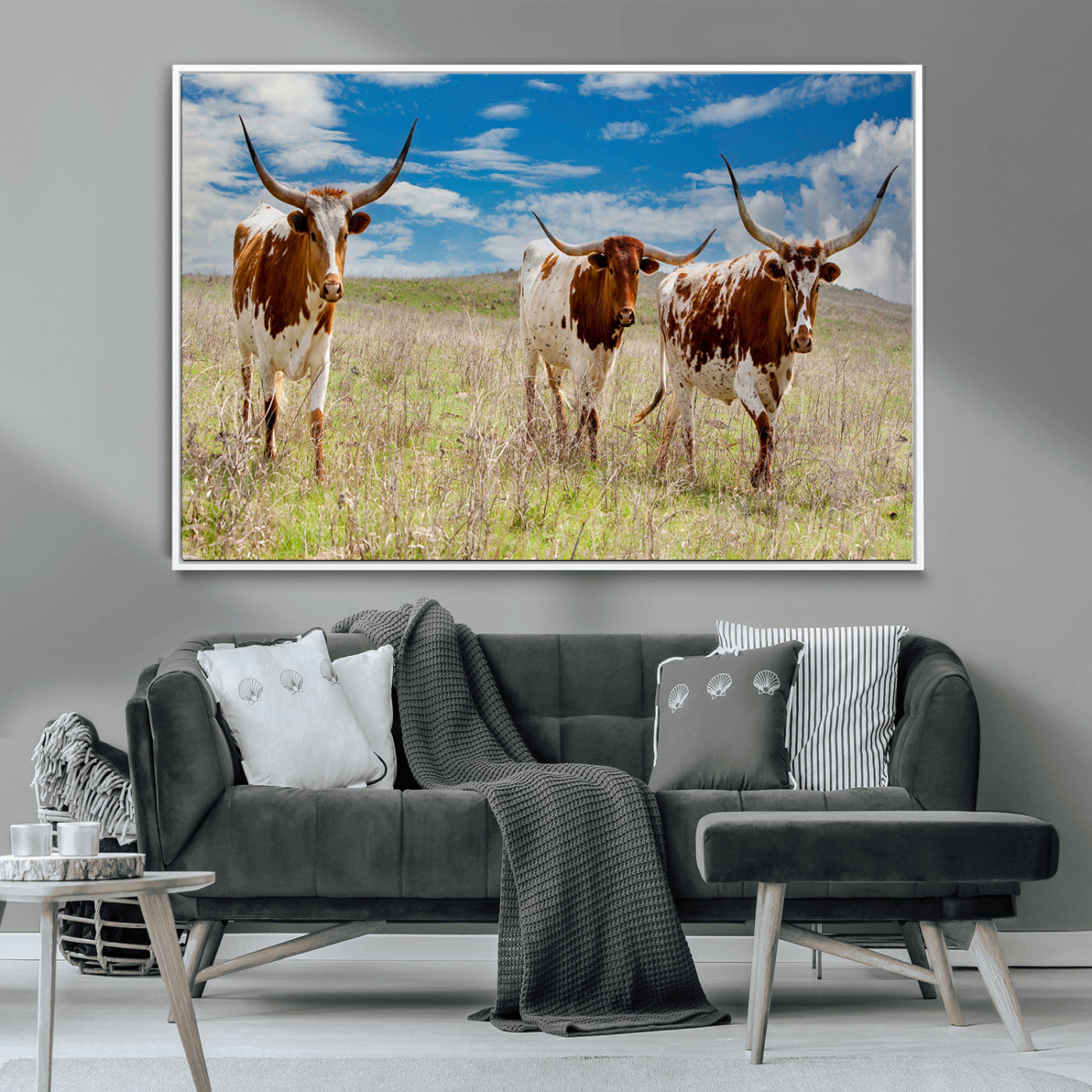 Three Texas longhorn cattle standing in dry grass under a bright blue sky, ideal for farmhouse or western rustic home decor.
