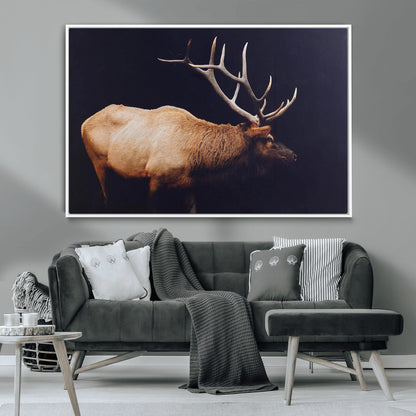 Side view of a majestic elk with large antlers against dark background, perfect for rustic lodge or cabin style home decoration.