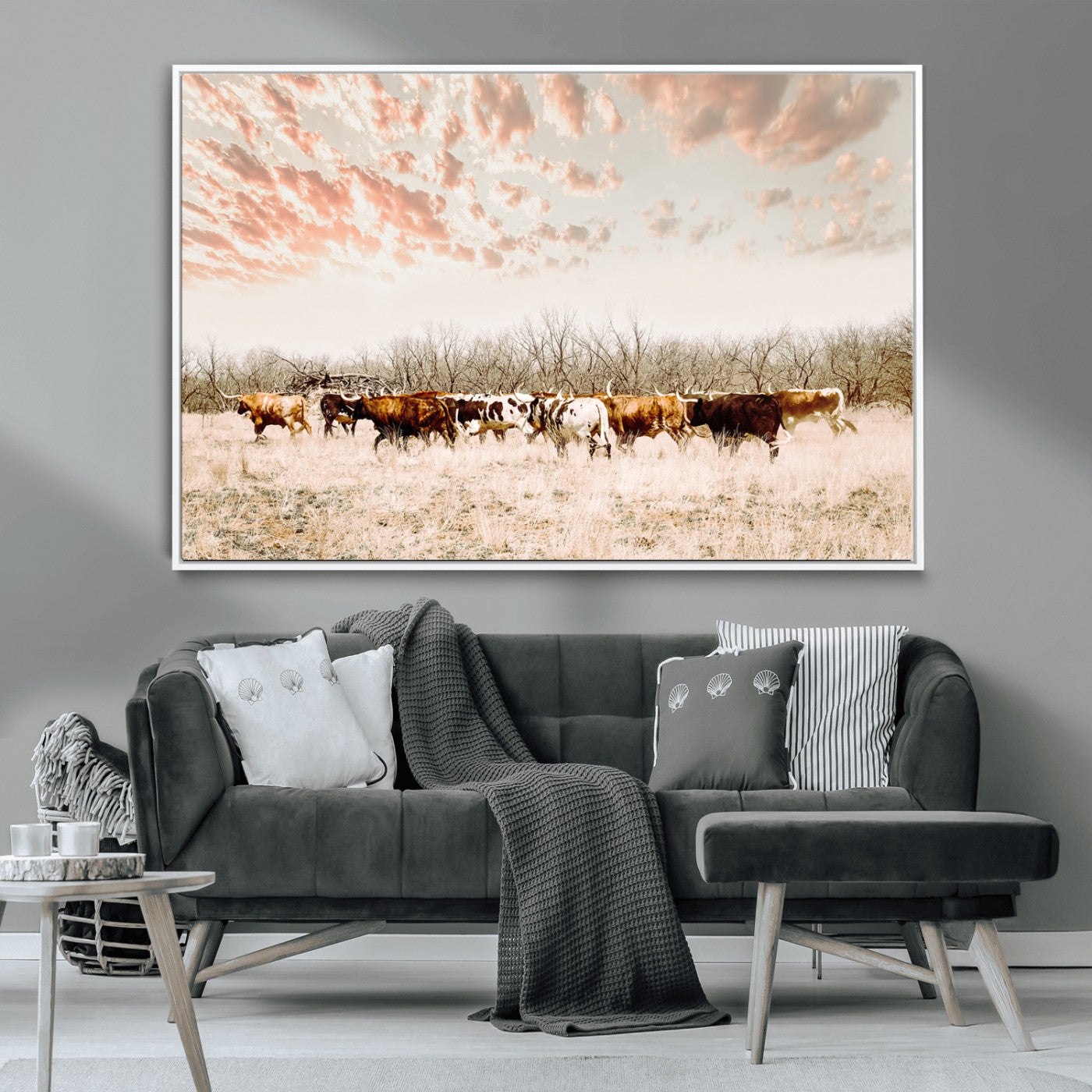 Cattle herd in a soft-toned field under a pastel pink sky, creating a peaceful rustic feel, perfect for farmhouse or western-themed spaces.