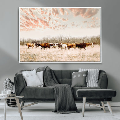 Cattle herd in a soft-toned field under a pastel pink sky, creating a peaceful rustic feel, perfect for farmhouse or western-themed spaces.