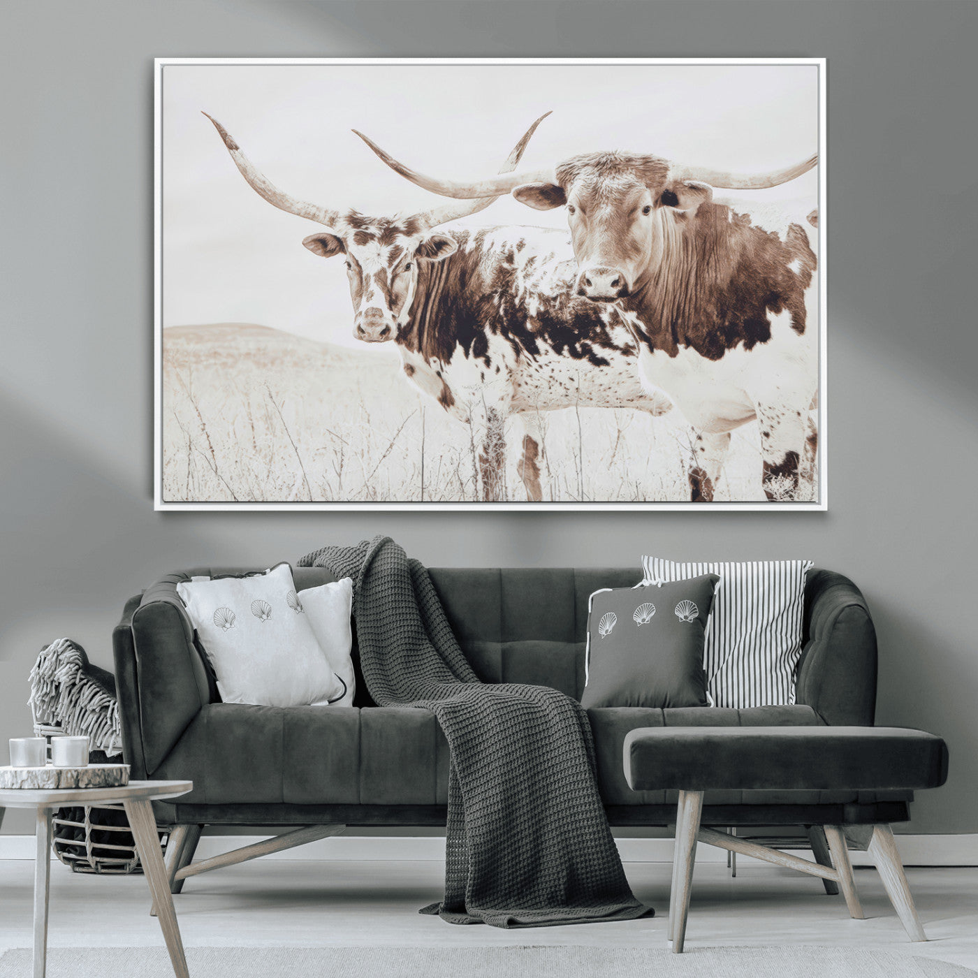 Two longhorn cows standing in a sepia-toned pasture with soft light, ideal for rustic or farmhouse-themed neutral wall decor.