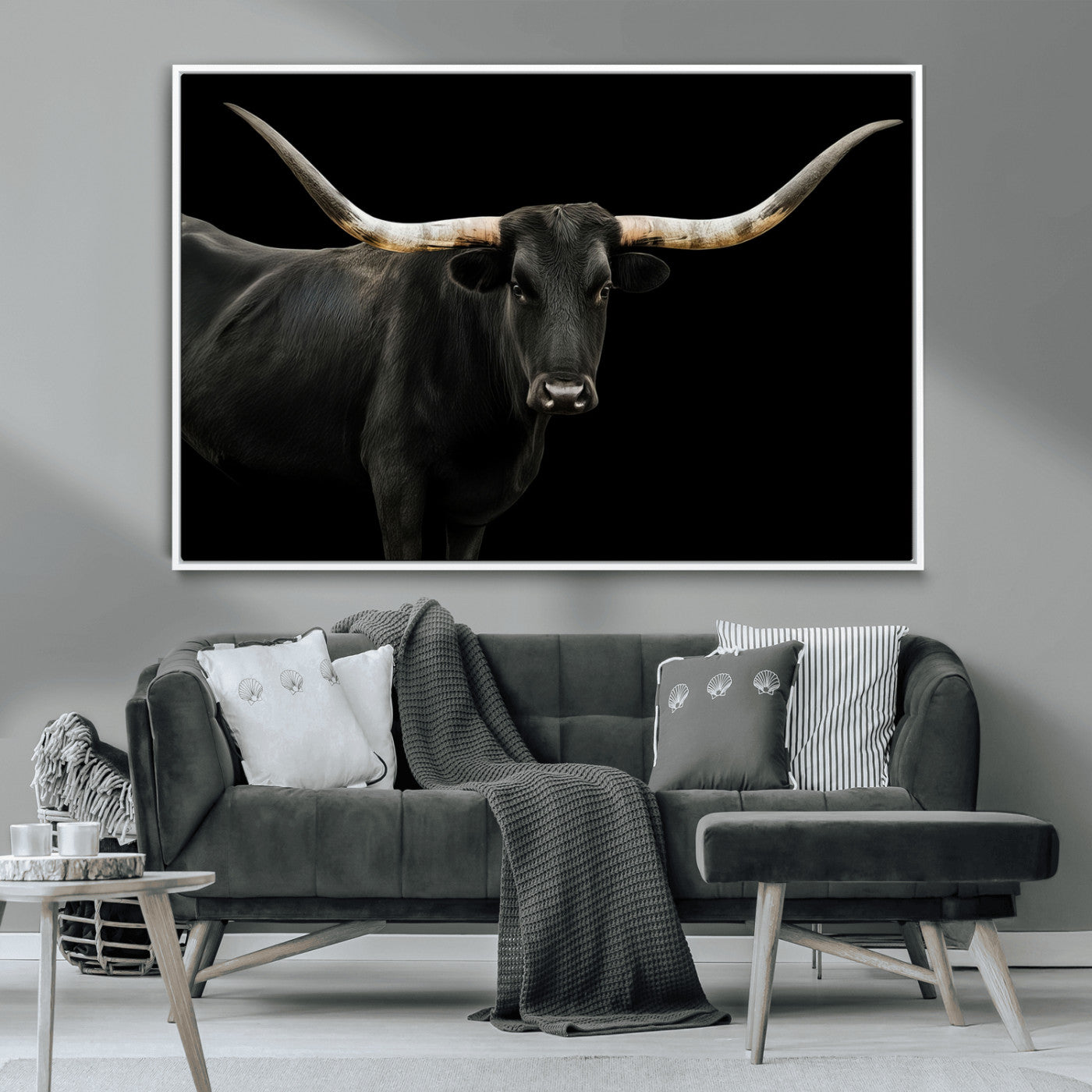 Close-up of a black Texas longhorn with large curved horns on black background, ideal for rustic farmhouse or modern western interiors.