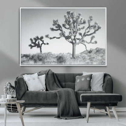 Black and white Joshua tree in a desert landscape with soft light and dry brush, perfect for rustic or minimalist home decor.