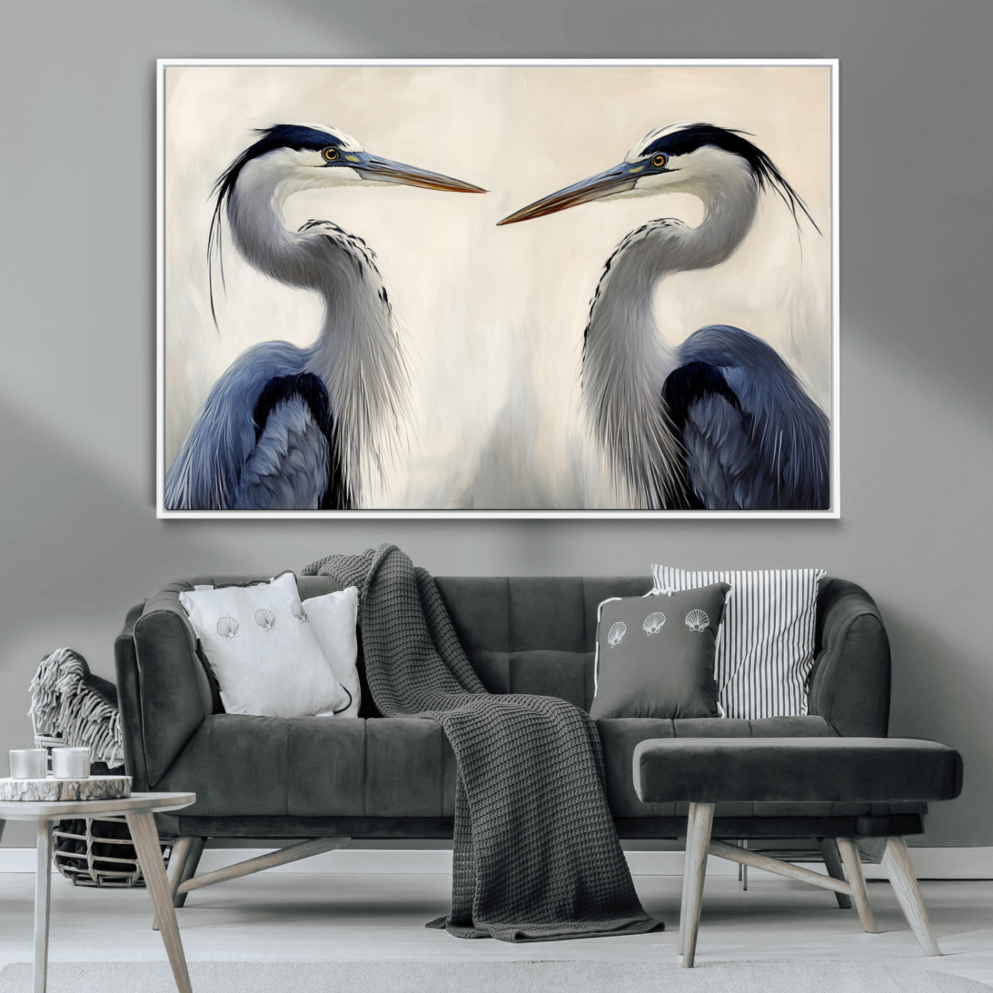 Two blue herons facing each other on a soft neutral background, ideal for coastal, tranquil, or nature-inspired minimalist interiors.