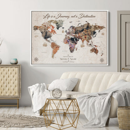 96000140-MGV-CV-36X24-Custom Push Pin World Map Wall Canvas Print – Personalized Travel Tracker with Pins – Framed Large Multi-Size Canvas for Home Office Decor