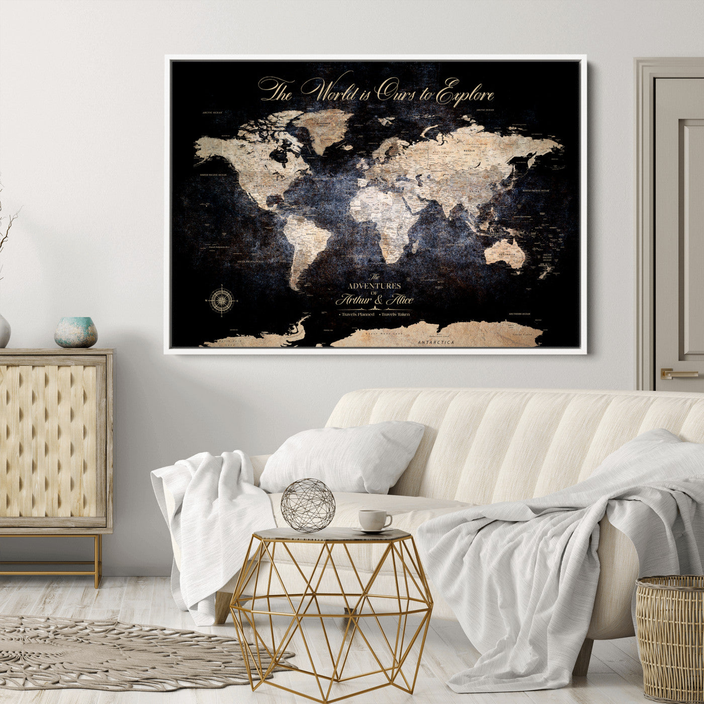 '-Customize Push Pin World Map Wall Canvas Print, Personalized Travel Tracker with Pins, Framed Large Canvas for Home Office Decor - H37