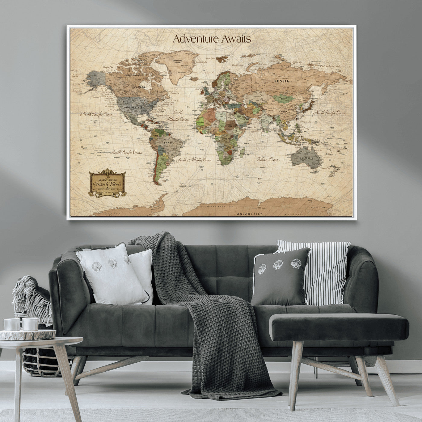 Custom Push Pin World Map Wall Canvas Print – Personalized Travel Tracker with Pins – Framed Custom Quotie Canvas for Home Office Decor