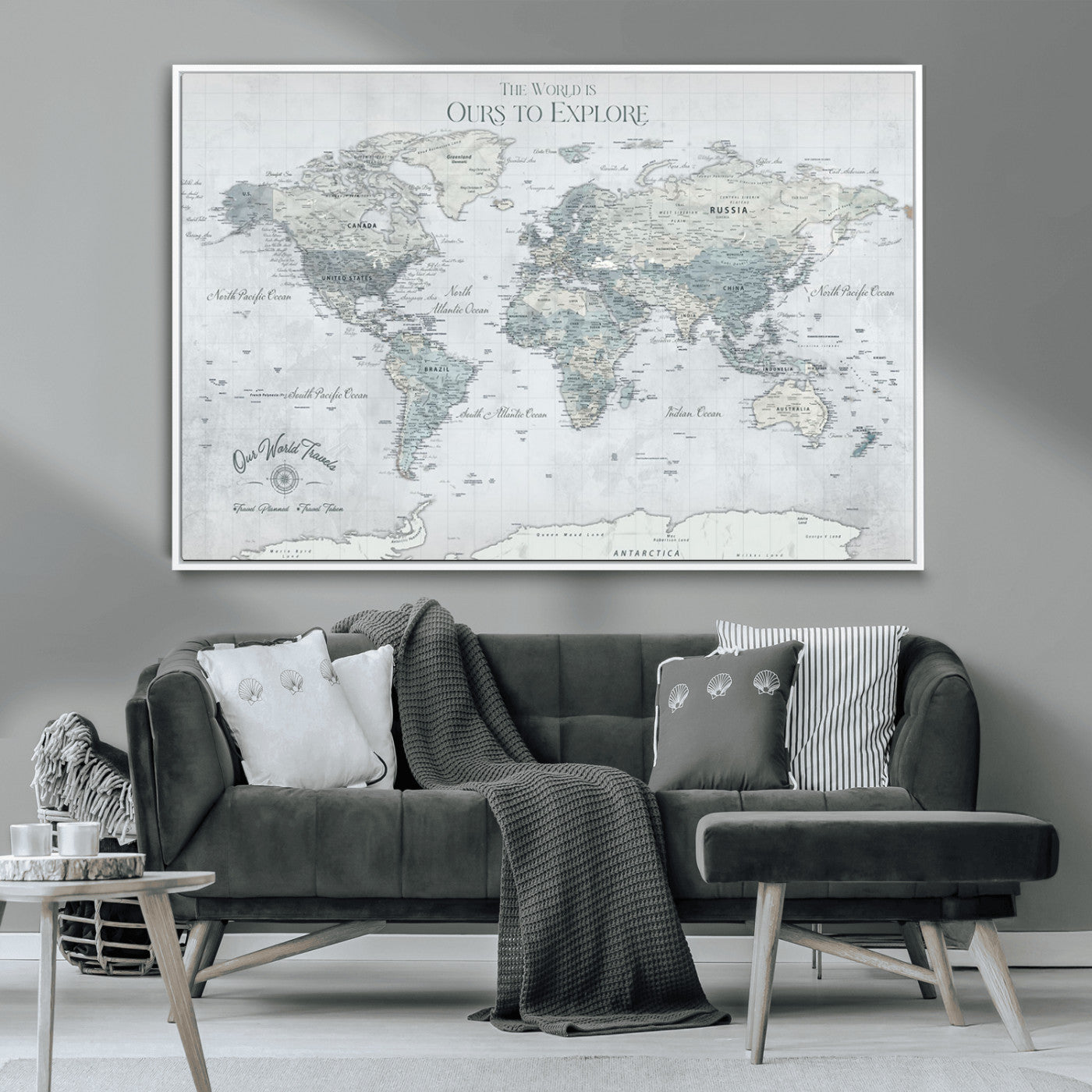 Custom Push Pin World Map Wall Canvas Print – Personalized Travel Tracker with Pins – Framed Custom Quotie Canvas for Home Office Decor