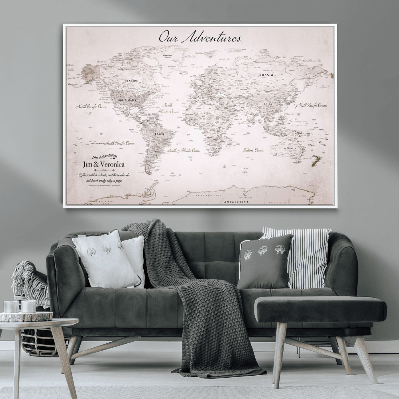 Customize Push Pin World Map Wall Canvas Print – Personalized Travel Map with Foam Pins – Framed Custom Quotie Canvas for Home Office Decor