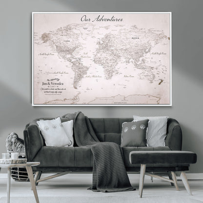 Customize Push Pin World Map Wall Canvas Print – Personalized Travel Map with Foam Pins – Framed Custom Quotie Canvas for Home Office Decor