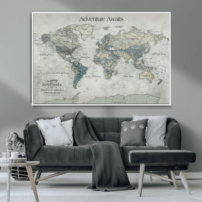 Customize Push Pin World Map Wall Canvas Print – Personalized Travel Tracker with Pins – Framed Custom Quotie Canvas for Home Office Decor