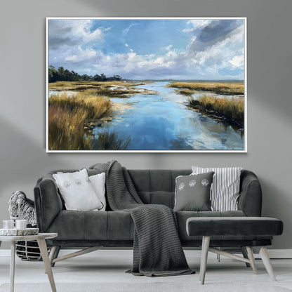 A beautiful, painterly landscape of a calm river winding through a marsh, with vibrant green grasses and a bright blue sky filled with fluffy clouds.