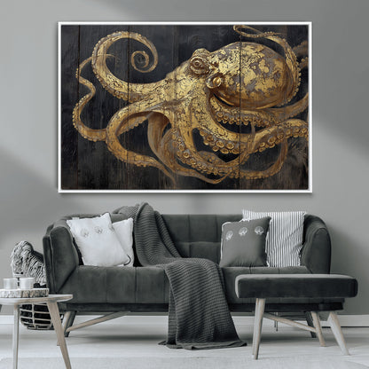 A detailed gold illustration of an octopus on black wooden planks, showing its intricate tentacles and textured skin in an artistic style.