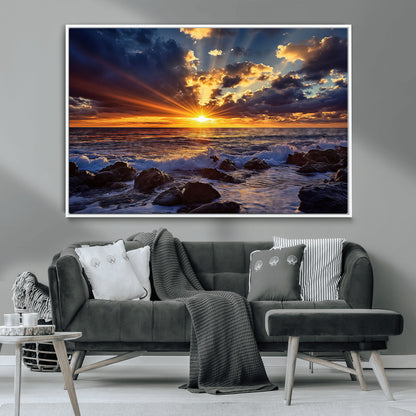 An explosive sunset over the ocean with dramatic clouds and rays of sunlight reflecting off the water, creating a vibrant and captivating view.