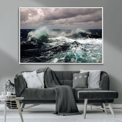 Powerful ocean waves crashing under stormy skies, creating a dynamic and intense seascape.