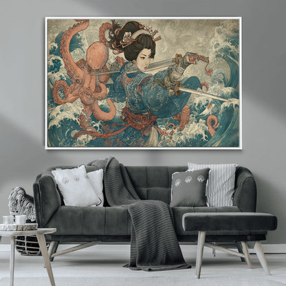 Tsukioka Yoshitoshi Samurai Wall Art Print, Japanese Katana Warrior Canvas Wall Art, Octopus Sea Monster Canvas Print,