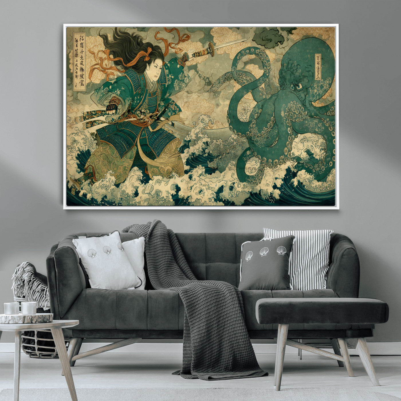 Tsukioka Yoshitoshi Samurai Wall Art Print, Japanese Katana Warrior Canvas Wall Art, Octopus Sea Monster Canvas Print,