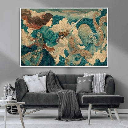 Tsukioka Yoshitoshi Samurai Wall Art Print, Japanese Katana Warrior Canvas Wall Art, Octopus Sea Monster Canvas Print,