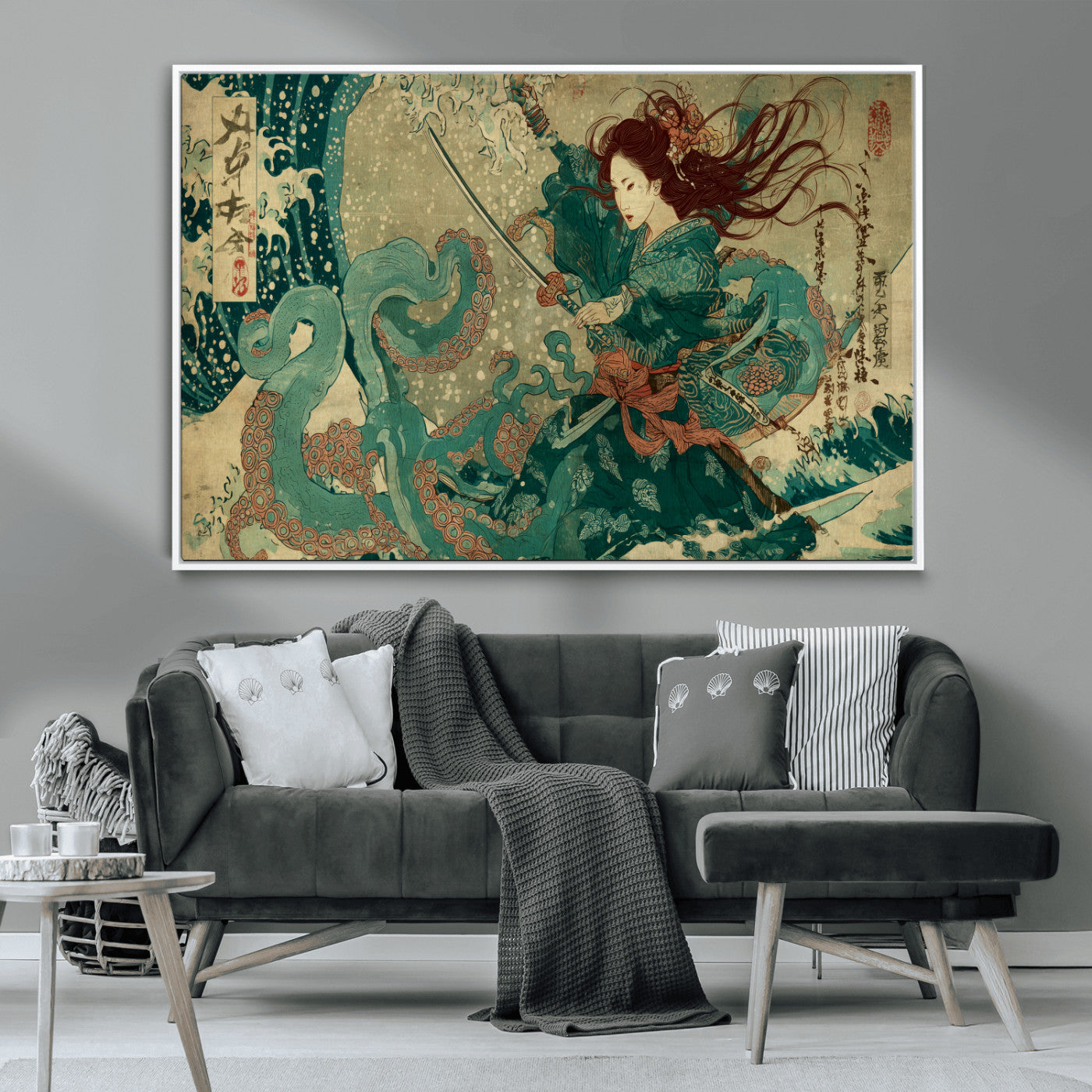 Tsukioka Yoshitoshi Samurai Wall Art Print, Japanese Katana Warrior Canvas Wall Art, Octopus Sea Monster Canvas Print,