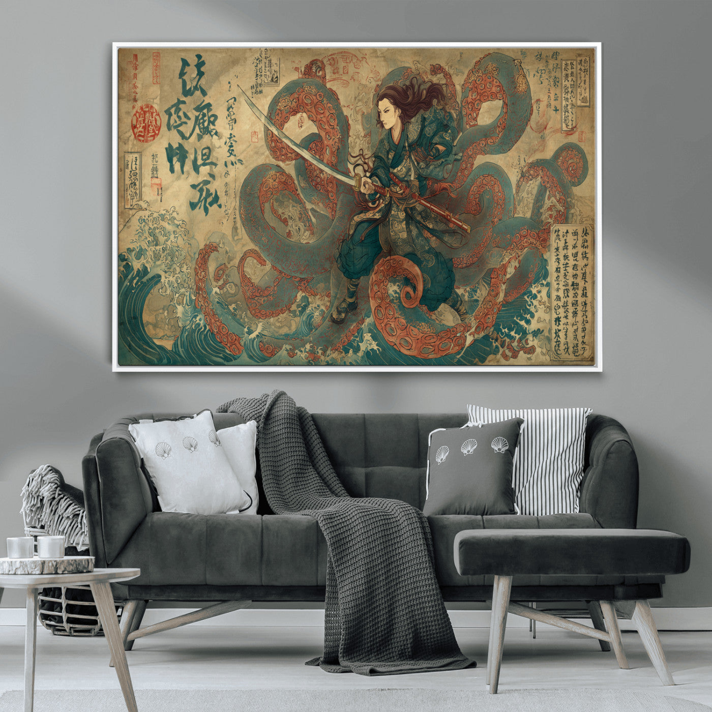Tsukioka Yoshitoshi Samurai Wall Art Print, Japanese Katana Warrior Canvas Wall Art, Octopus Sea Monster Canvas Print,