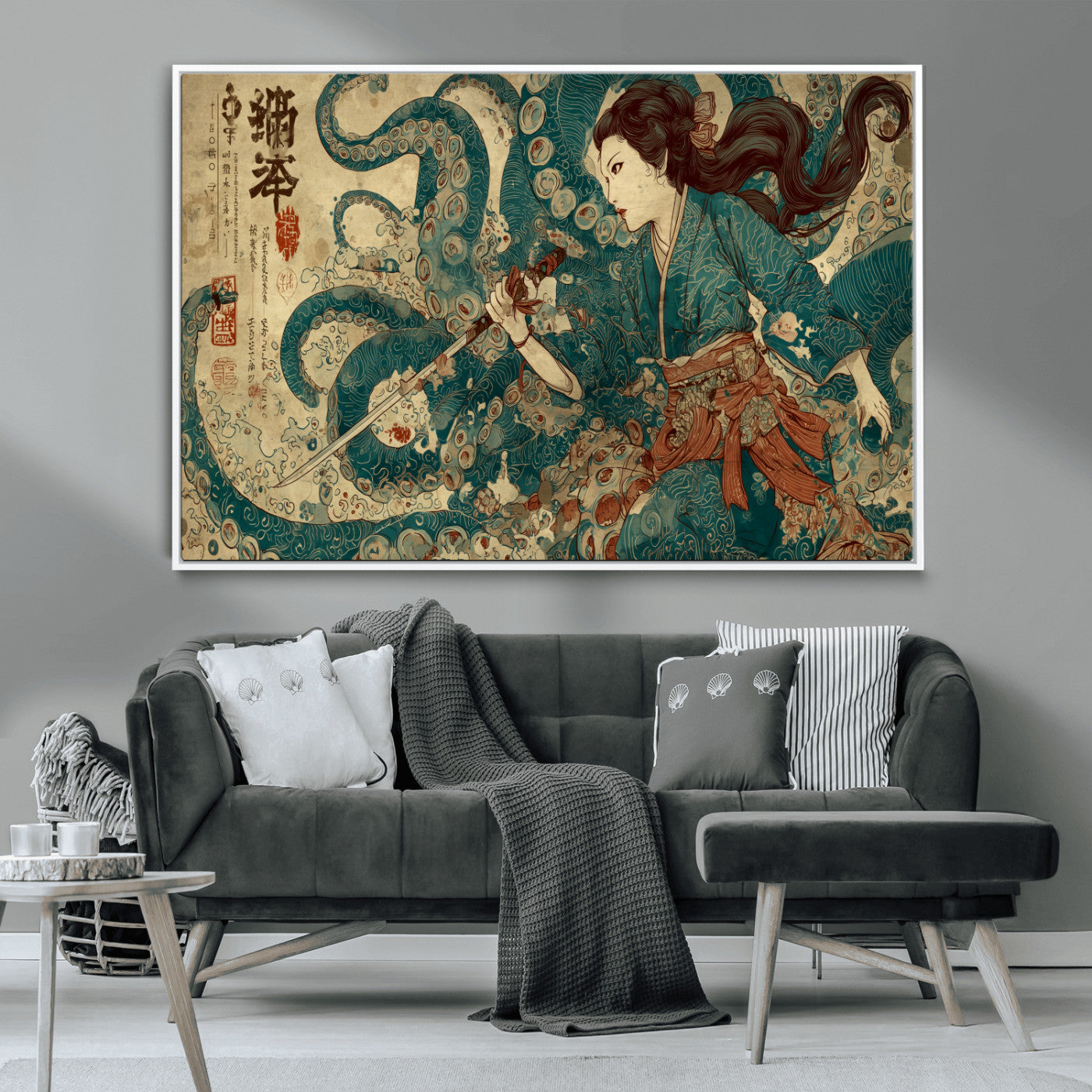 Tsukioka Yoshitoshi Samurai Wall Art Print, Japanese Katana Warrior Canvas Wall Art, Octopus Sea Monster Canvas Print,