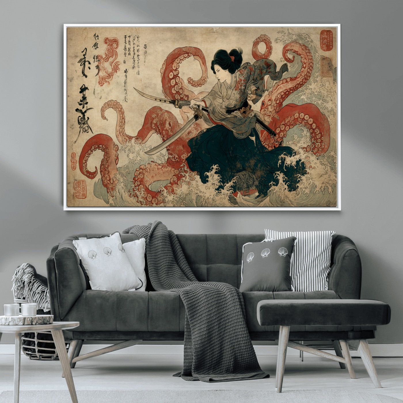 Tsukioka Yoshitoshi Samurai Wall Art Print, Japanese Katana Warrior Canvas Wall Art, Octopus Sea Monster Canvas Print,