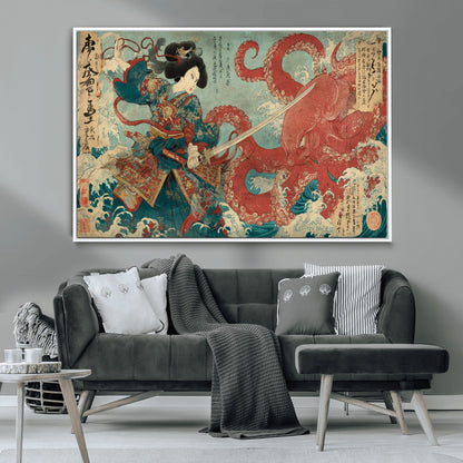 Tsukioka Yoshitoshi Samurai Wall Art Print, Japanese Katana Warrior Canvas Wall Art, Octopus Sea Monster Canvas Print,