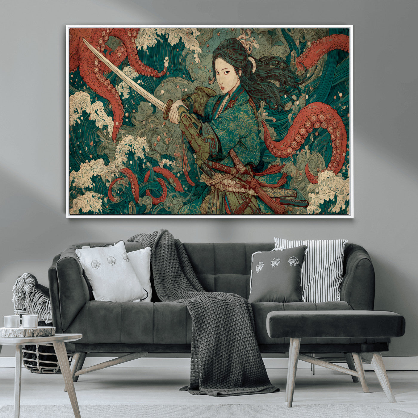Tsukioka Yoshitoshi Samurai Wall Art Print, Japanese Katana Warrior Canvas Wall Art, Octopus Sea Monster Canvas Print,