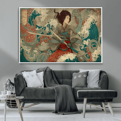 Tsukioka Yoshitoshi Samurai Wall Art Print, Japanese Katana Warrior Canvas Wall Art, Octopus Sea Monster Canvas Print,