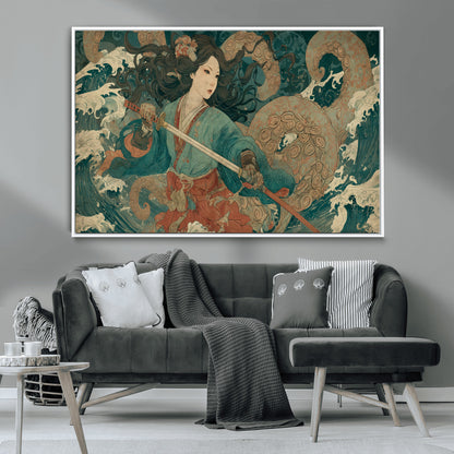 Tsukioka Yoshitoshi Samurai Wall Art Print, Japanese Katana Warrior Canvas Wall Art, Octopus Sea Monster Canvas Print,