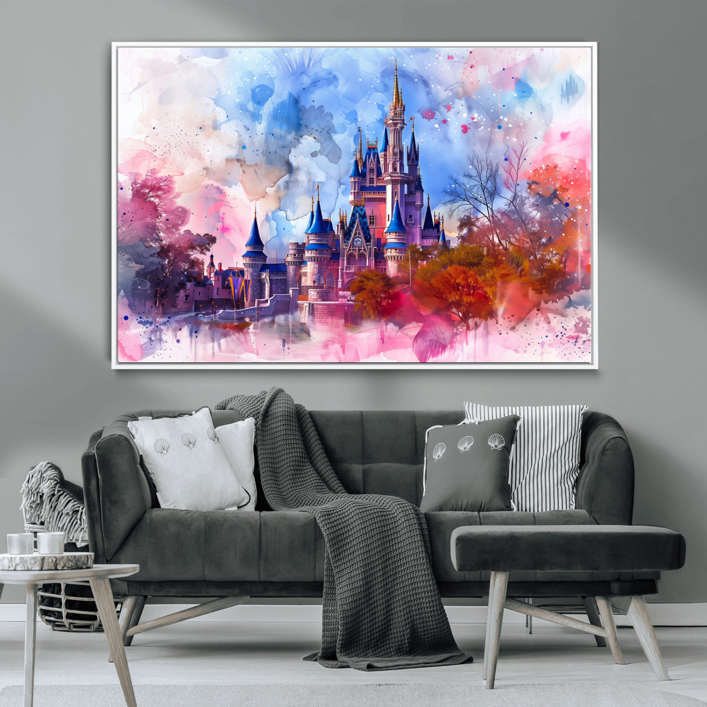 Watercolor canvas of a dreamy Disney-style castle in pastel pink and blue tones, perfect for fairytale or whimsical home decor.