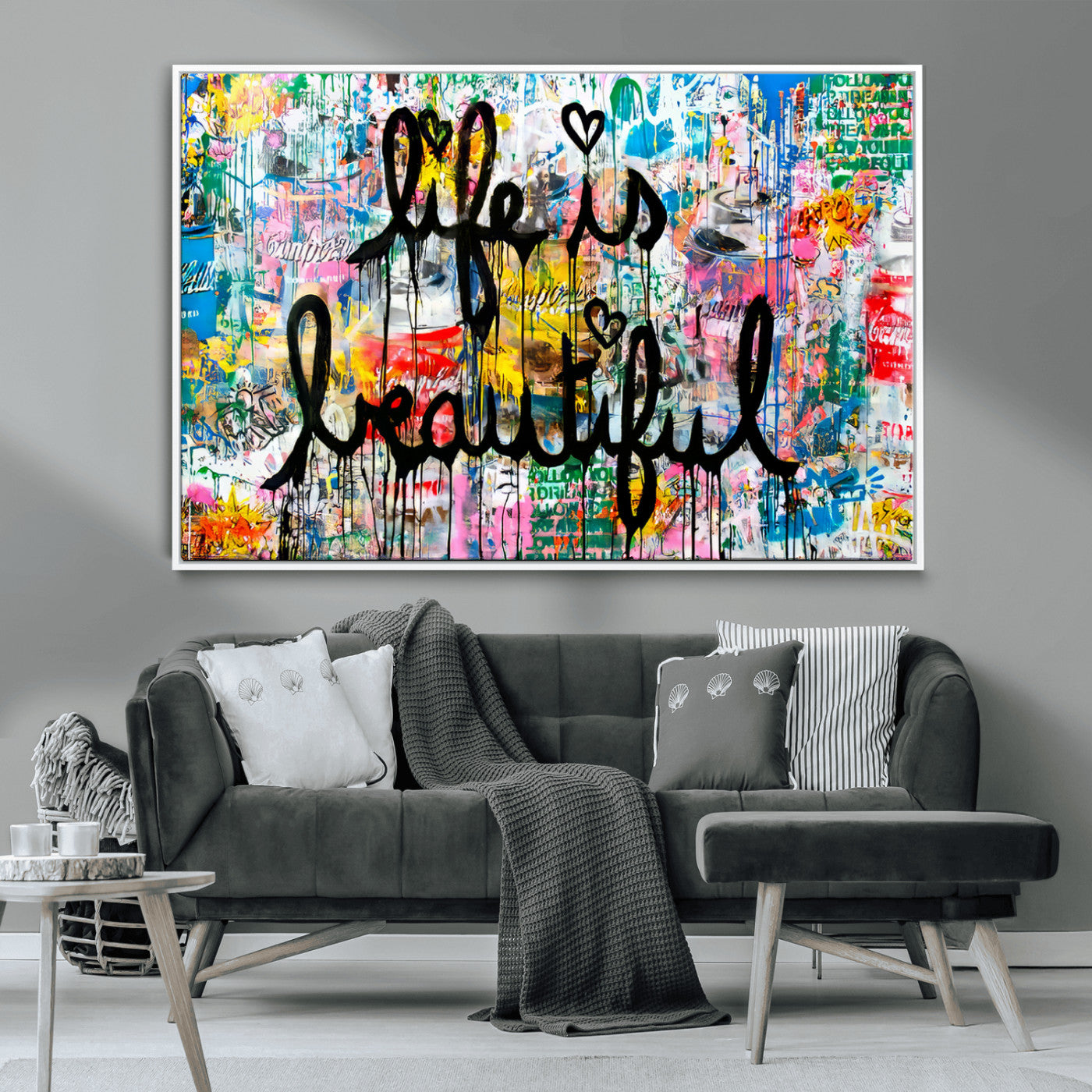 Colorful urban-style canvas with graffiti text “Life is Beautiful” in black paint, ideal for bold or street-themed home decor.