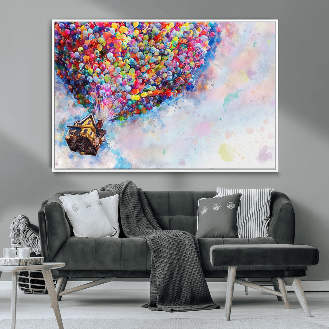 Whimsical canvas of the house from the movie Up flying with colorful balloons, ideal for Pixar or animation-themed decor.