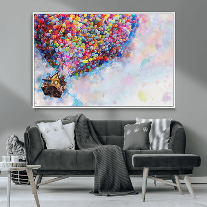 Whimsical canvas of the house from the movie Up flying with colorful balloons, ideal for Pixar or animation-themed decor.
