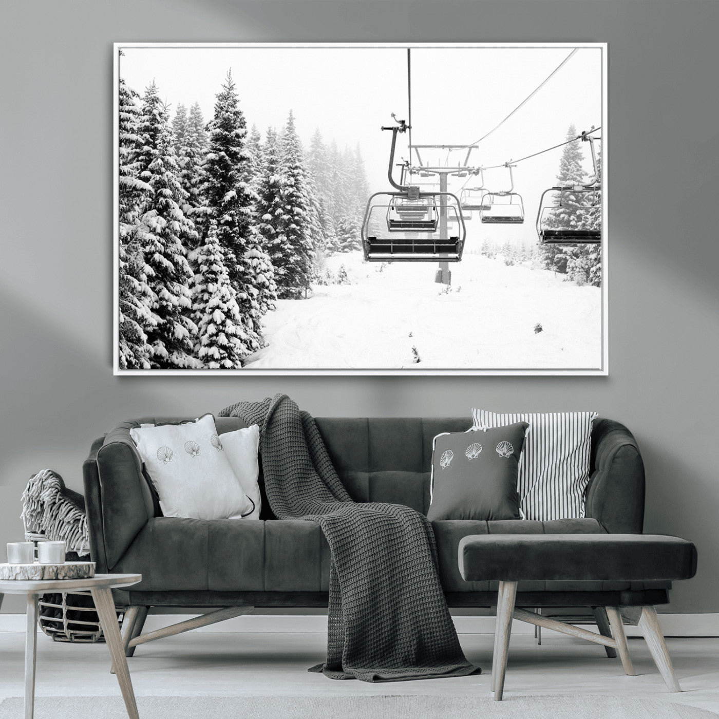 Black and white canvas of empty ski lifts over a snowy pine forest, perfect for minimal winter or ski lodge-inspired decor.